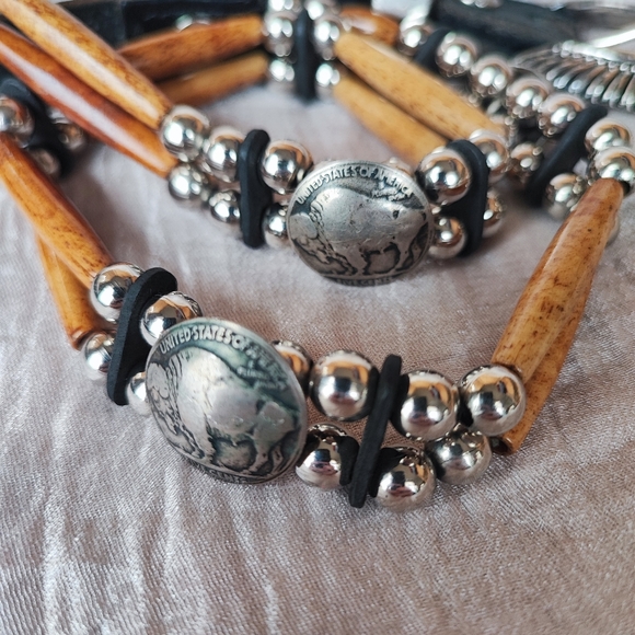 Buffalo Nickel Silver Tone Black Wood Silver Tone Ladies Belt TARNISHED Unsigned - Picture 3 of 13